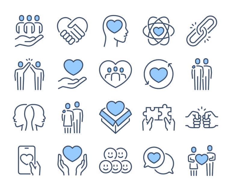 Love, friendship, care and charity concept blue editable stroke outline icons set isolated on white background flat vector illustration. Pixel perfect. 64 x 64